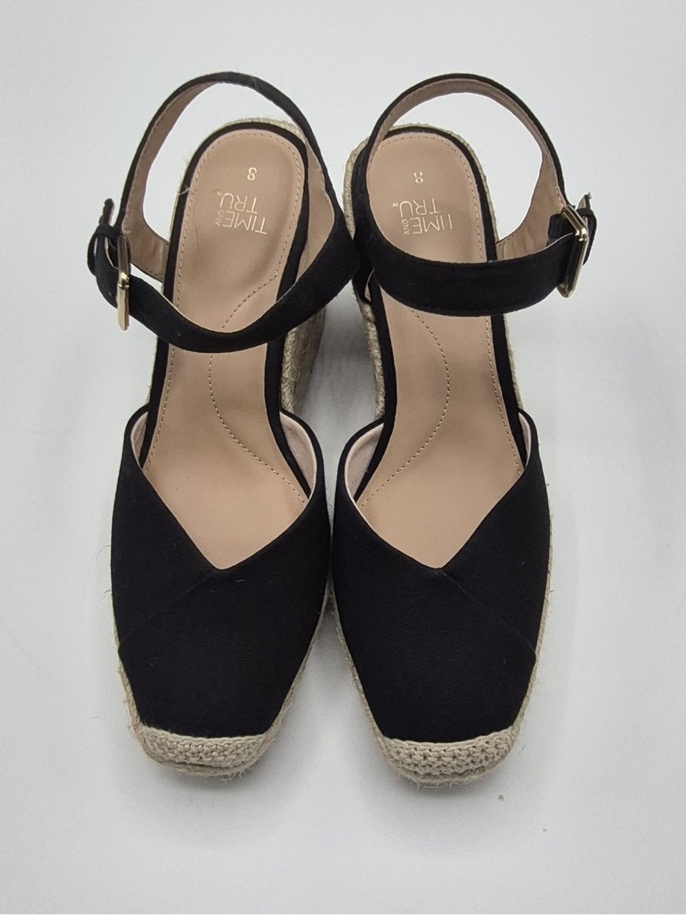Time and Tru Black Espadrille Wedge Sandals with Ankle Strap